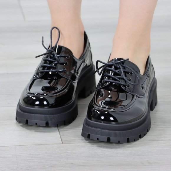 Chunky Penny Loafers Black Lug Sole Slip On Platform Patent Black Lace Up - Picture 8 of 14